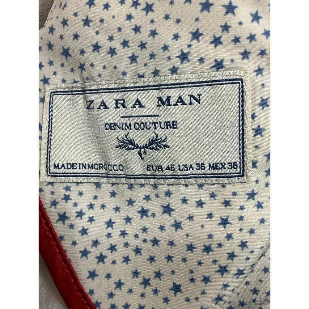 Zara Man Blazer 36 Beige Elbow Patches Denim Couture Academia Preppy Linen Blend